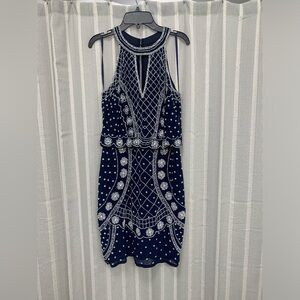 Gianni Bini Beaded Halter Dress Navy Blue with White‎ Beads Size 2